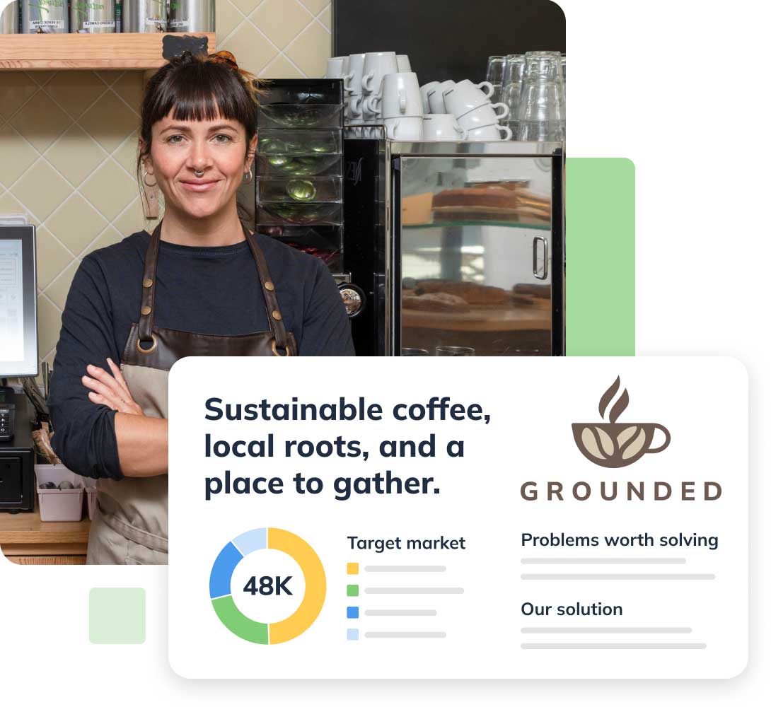 Woman working at coffee shop with LivePlan graphics