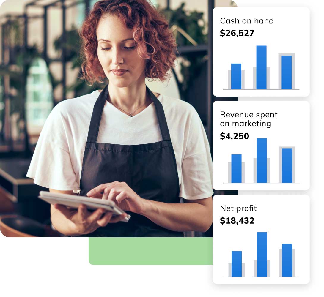 Woman working on tablet with LivePlan graphics