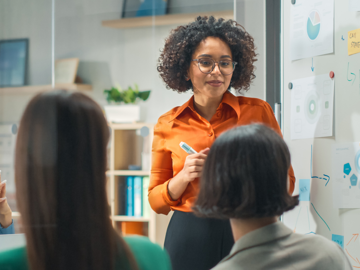 Woman presenting at whiteboard
