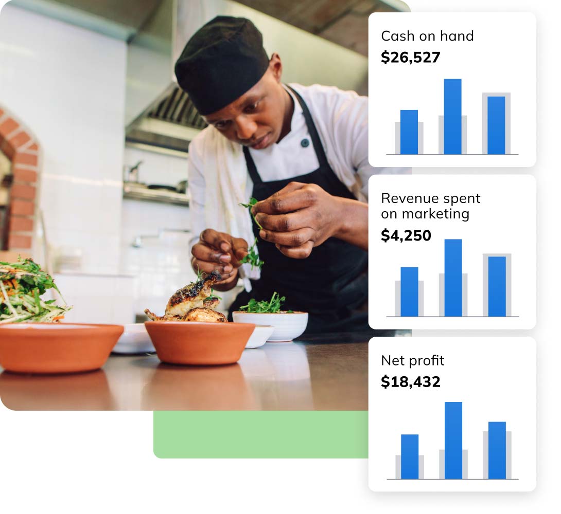 male chef garnishing dishes with LivePlans dashboard data as an overlay highlighting cash on hand, revenue spent on marketing, and net profit