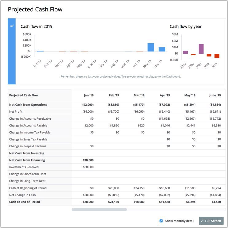 Liveplan cash flow table