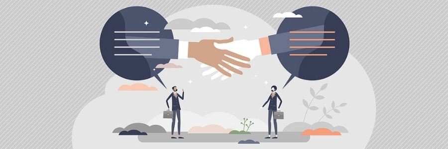 An illustration of two businessmen standing apart from each other, with an image of hands shaking above them in speech balloons, representing the prospect of a business owner considering the implications of a potential business purchase.