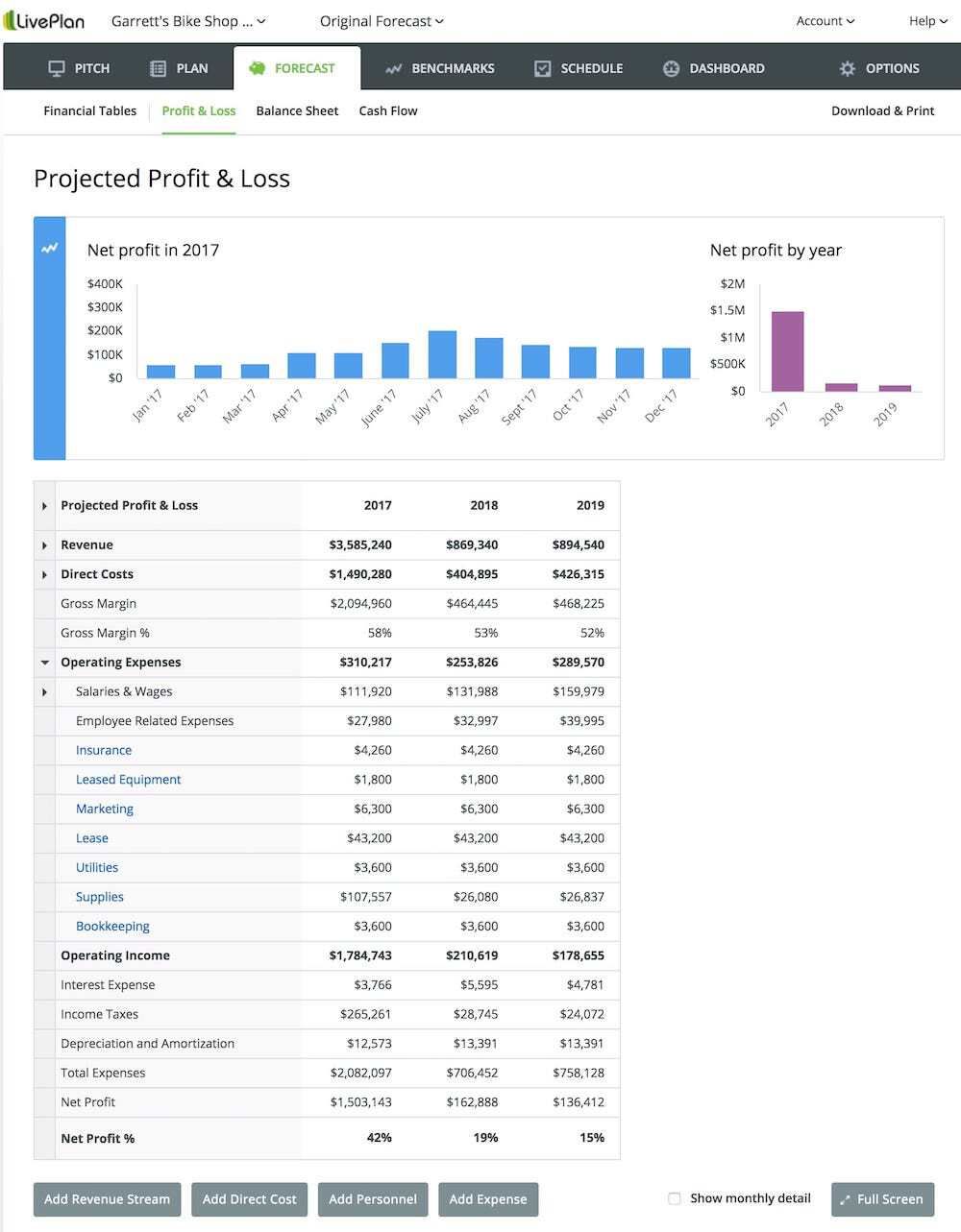 LivePlan profit and loss statement