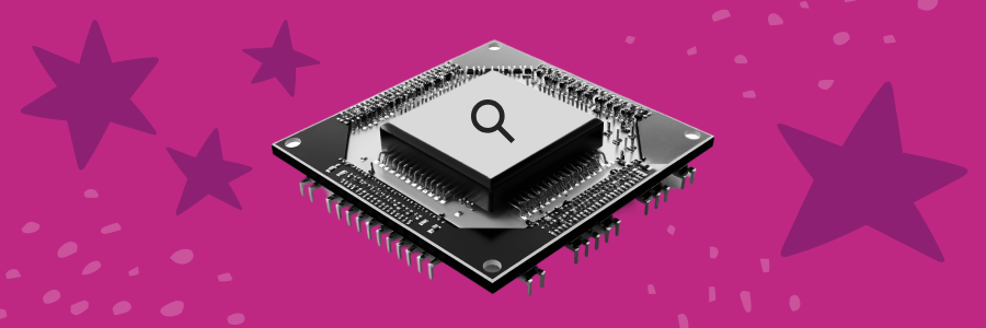 An illustration of a computer chip with an image of a magnifying glass overlaid on it, representing the use of AI technology to conduct research.