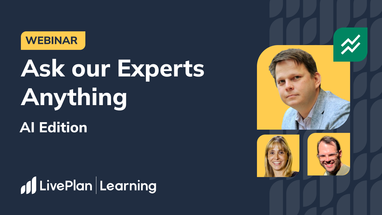 A graphic for a LivePlan Learning webinar, "Ask our Experts Anything: AI Edition," featuring headshots of the three presenters and a financial chart icon against a dark blue background.