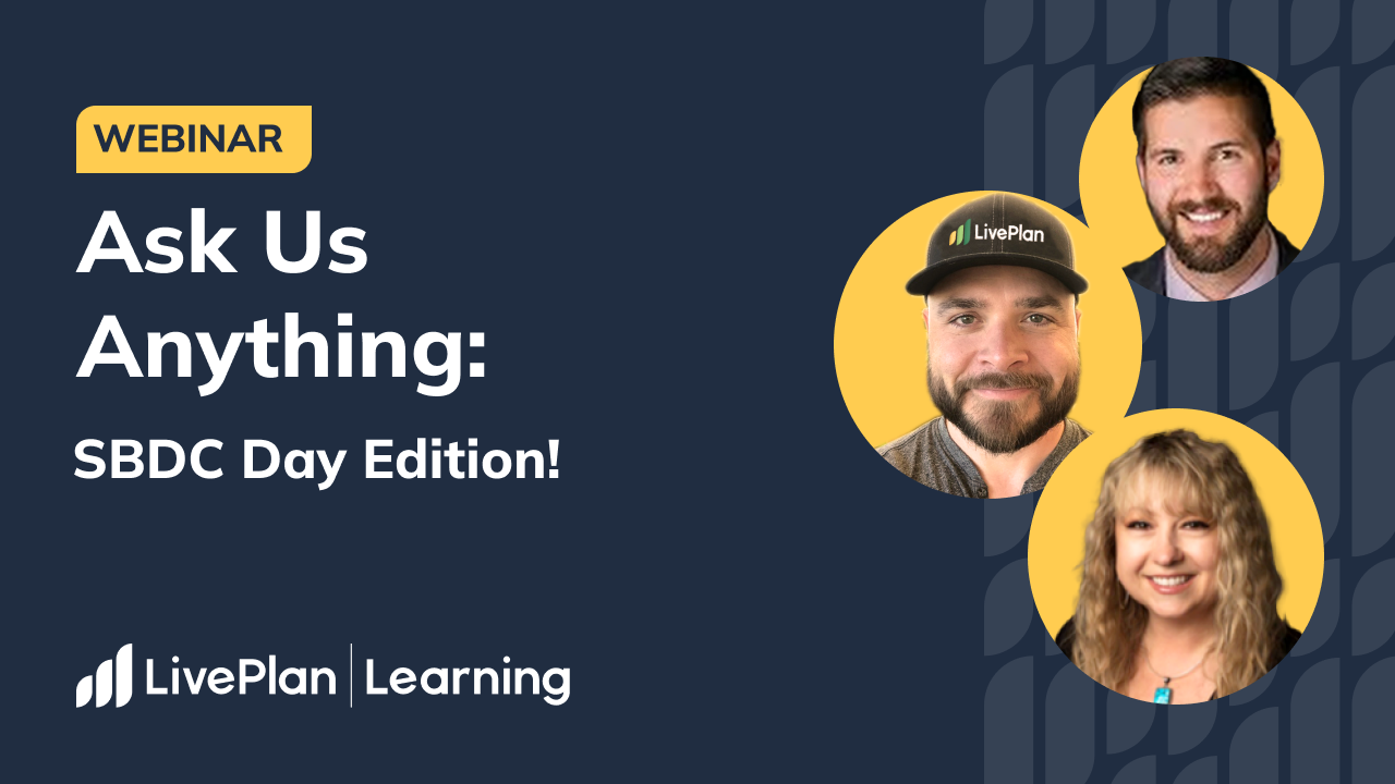 A graphic for a LivePlan Learning webinar titled "Ask Us Anything: SBDC Day Edition!," featuring headshots of the three expert presenters against a dark blue background.