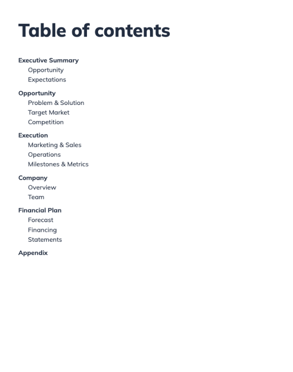 Example Business Plan page