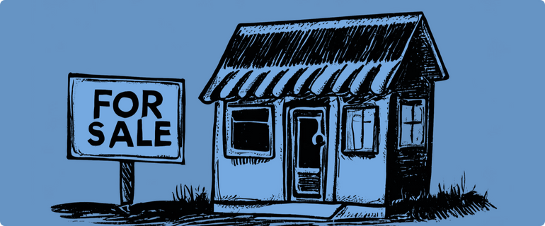 An illustration of a business with a for sale sign, signifying the opportunity to buy a business.