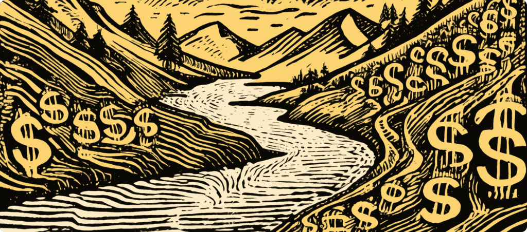 An illustration of a river flowing through a valley where the hills are covered in dollar signs, which represents the flow of cash through a business over time. 