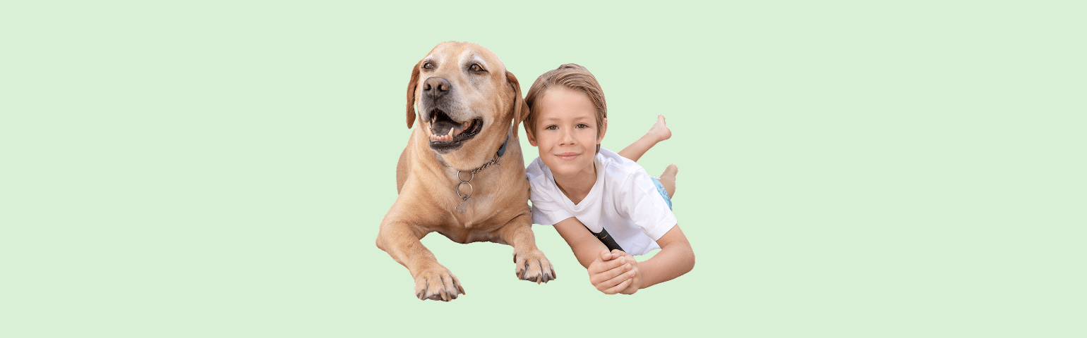 Boy and dog on light green background