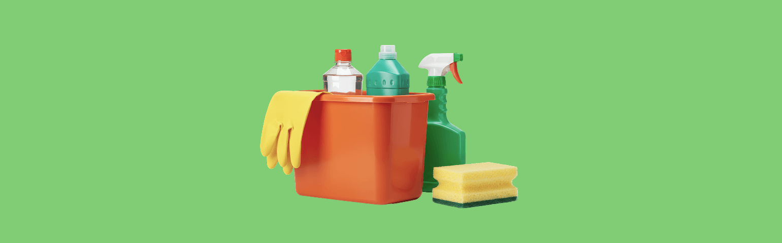 Cleaning supplies on green background