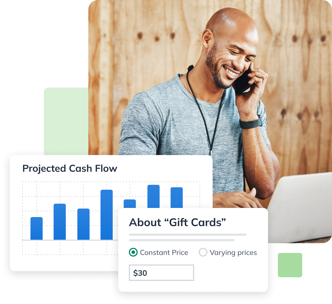 Man on phone with LivePlan graphics