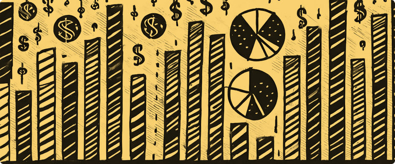 An illustration of bar charts, pie charts and dollar signs, signifying financial projections.