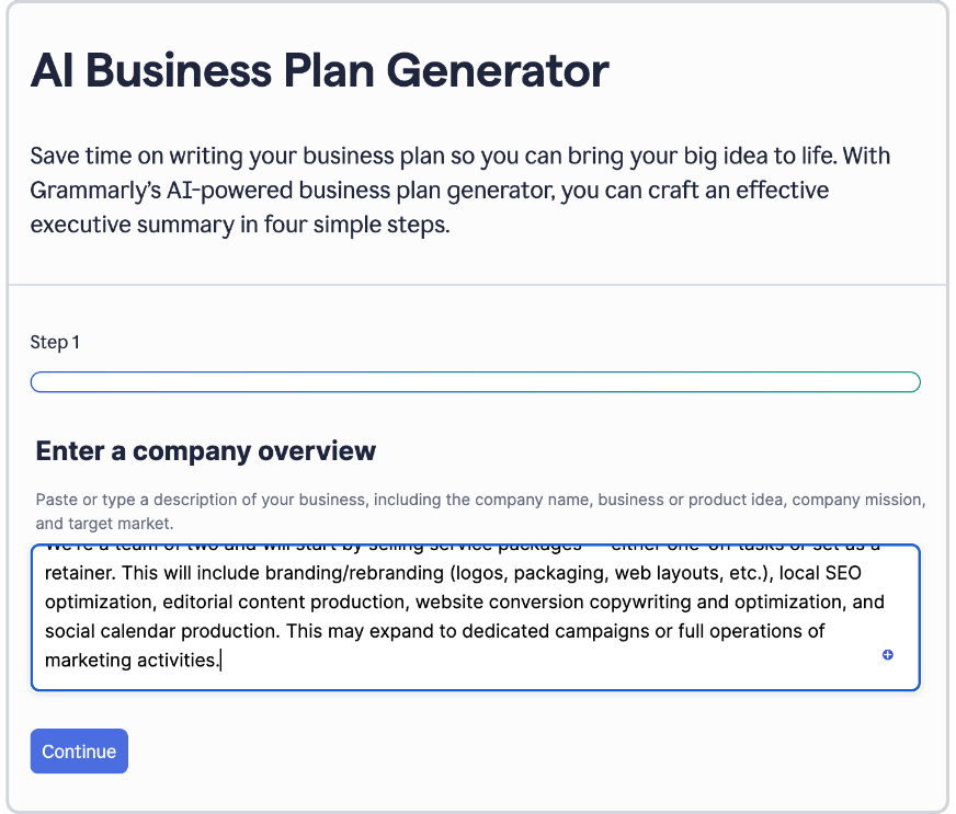 Grammarly ai business plan generator step 1