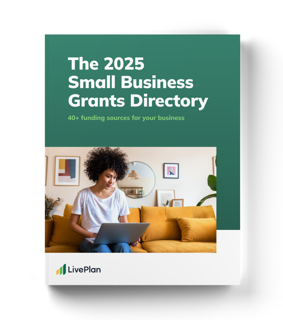 Cover of "The 2025 Small Business Grants Directory" with a woman using a laptop on a yellow couch. Text: "40+ funding sources for your business."