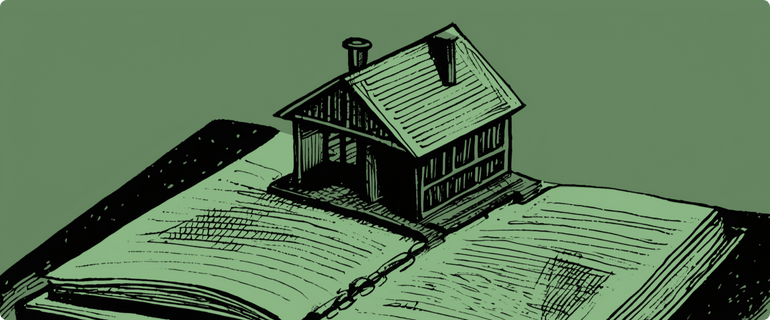 An illustration of a shop on top of a business ledger, representing a small business planning its growth.