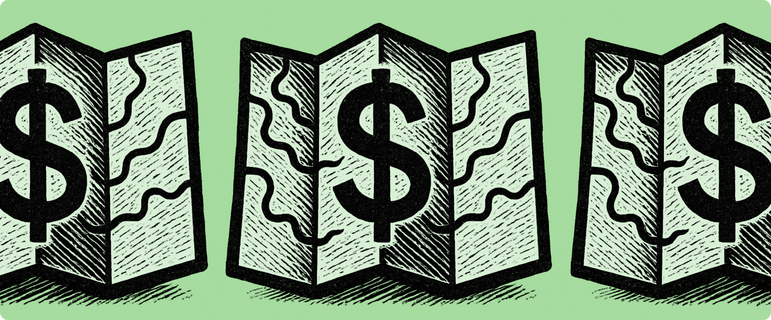 An illustration of maps with a dollar sign in the middle and winding paths branching out from the dollar sign, indicating the twists and turns of cash flowing in and out of a business over time.