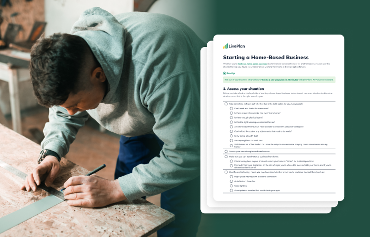 Man measuring wood with a ruler on a workbench, alongside a document titled "Starting a Home-Based Business."