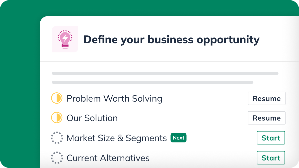 preview of LivePlans business planning guide showing opportunity section with plan in progress
