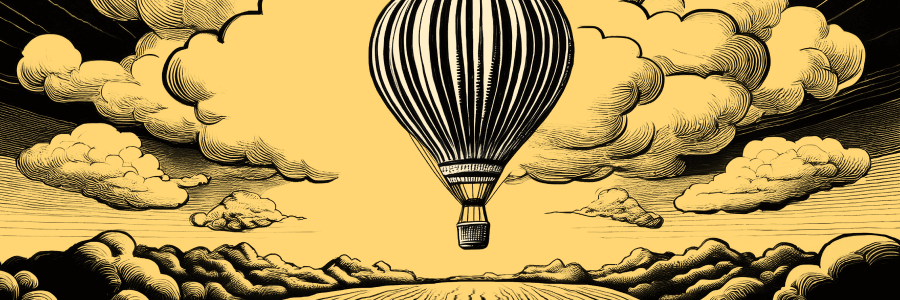 A detailed, vintage-style illustration of a hot air balloon rising into a cloudy sky, symbolizing inflation's impact on business and the economy, with the balloon representing rising prices or costs.