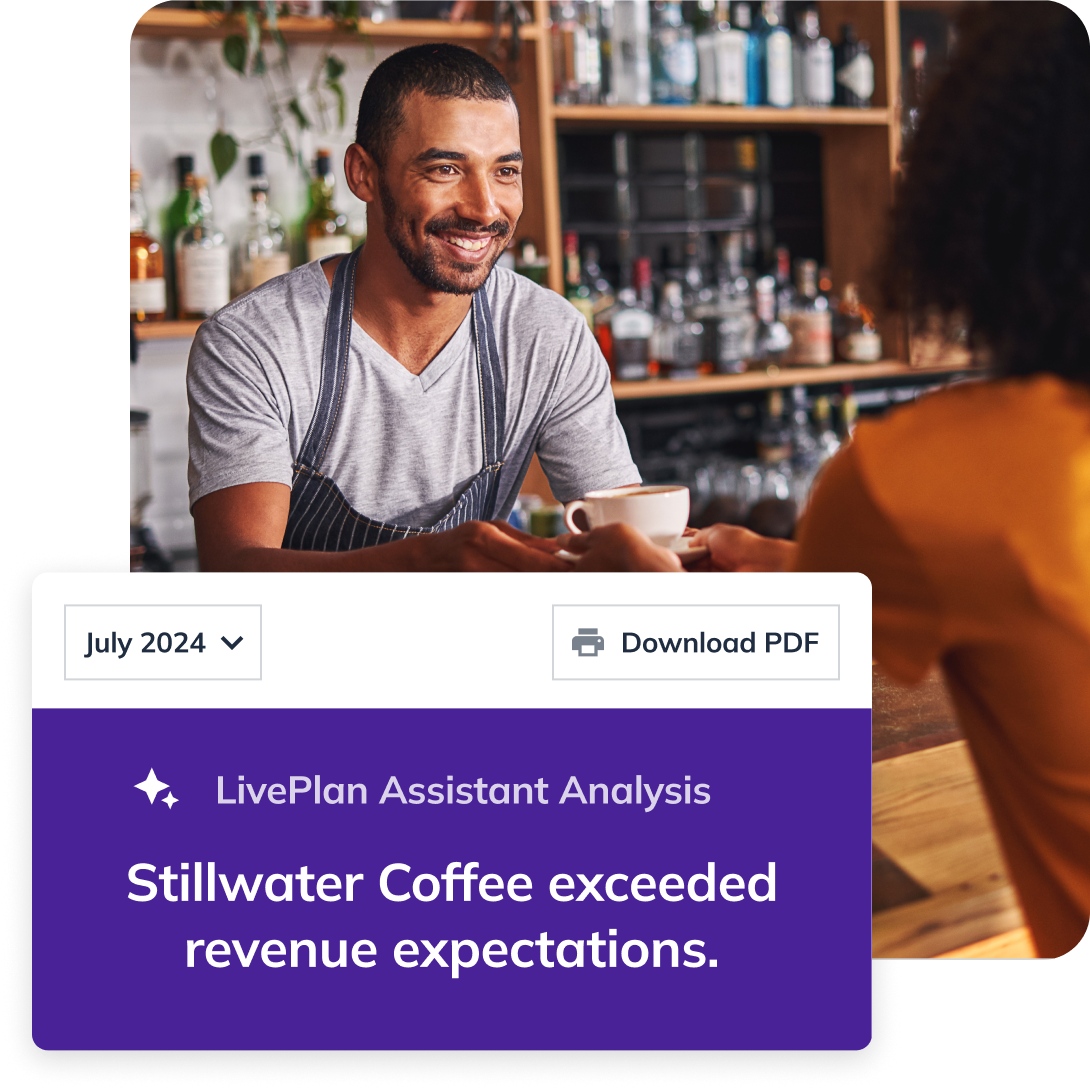coffee shop owner with a graphic overlay that says "Stillwater Coffee exceeded revenue expectations."