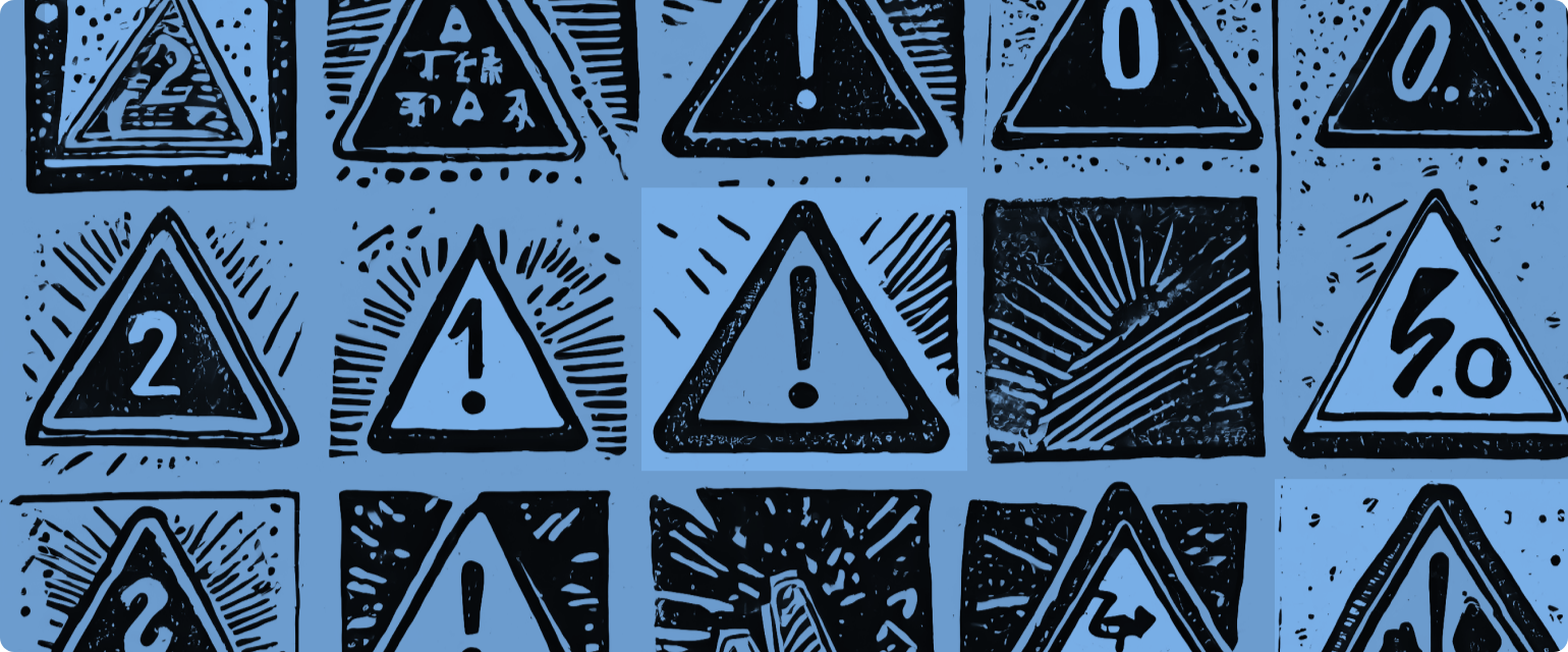 A grid of various triangular warning signs with exclamation marks and abstract symbols on a blue background, which represents the high difficulty many small business owners face when creating financial projections.