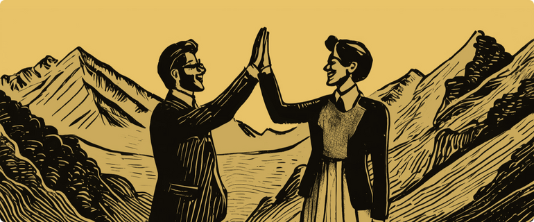 An illustration of a man and woman in business attire congratulating each other, representing a couple starting a business.