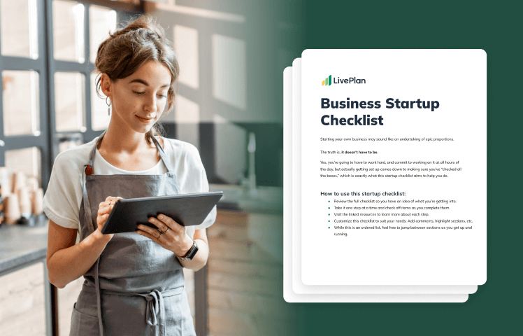 Woman in apron using a tablet, standing beside a "Business Startup Checklist" document with a green background.