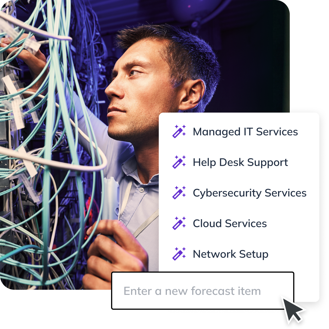 An IT professional works on a server rack, with an overlay showing suggested business forecast items such as "Managed IT Services," "Cybersecurity Services," and "Cloud Services."
