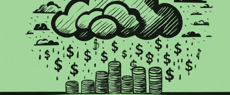 An illustration of a storm cloud with dollar signs falling like raindrops, representing a climate of uncertainty for small businesses trying to set prices for their products or services.
