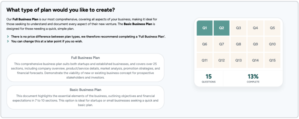 Venture planner plan type selection 1024x407